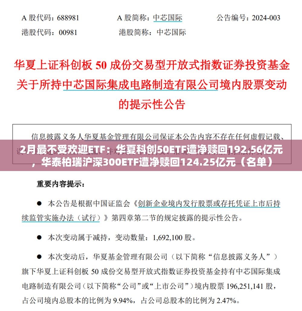 2月最不受欢迎ETF：华夏科创50ETF遭净赎回192.56亿元，华泰柏瑞沪深300ETF遭净赎回124.25亿元（名单）